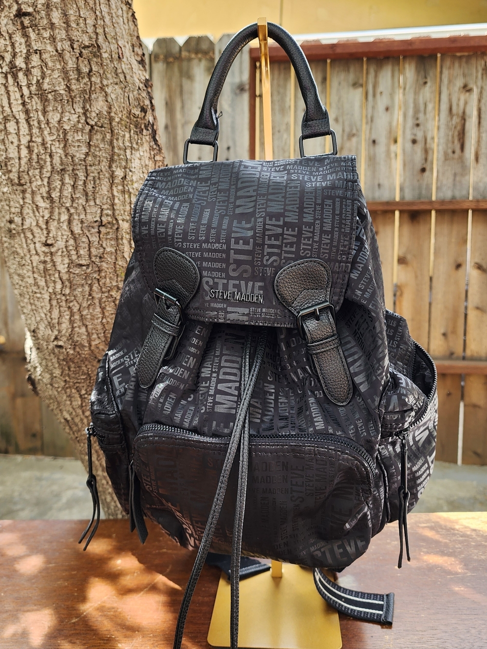 Madden Black All Over Logo Nylon Flap Backpack Webbing Straps Bookbag